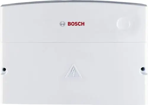 Weißes Bosch-Gerät mit rotem Logo und einem Warnsymbol für elektrische Sicherheit, geeignet für Montage in verschiedenen Anwendungen.